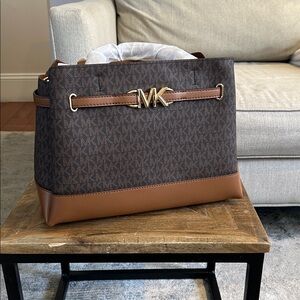 NWT Michael Kors Brown and Tan MK Logo Tote with Gold Hardware